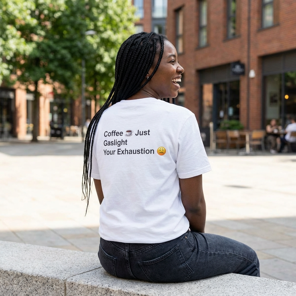 Coffee Don’t Give Energy T-Shirt — Funny Coffee & Burnout Tee (Back: “Coffee Just Gaslight Your Exhaustion”)