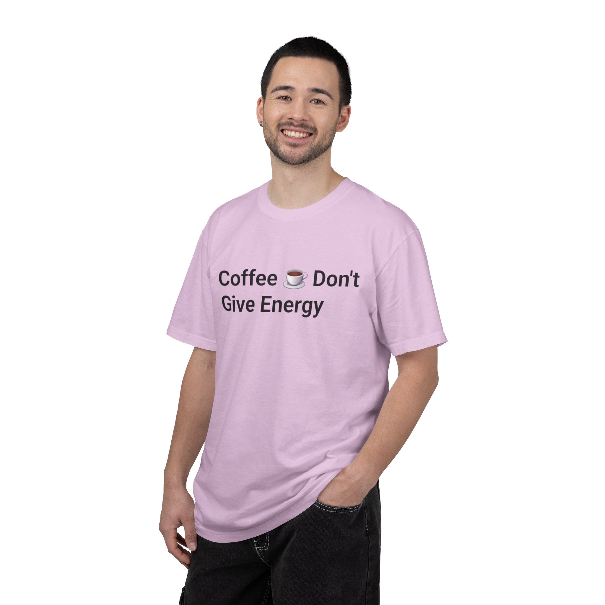 Coffee Don’t Give Energy T-Shirt — Funny Coffee & Burnout Tee (Back: “Coffee Just Gaslight Your Exhaustion”)